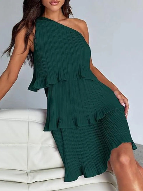 'Hesper' Layered Single Shoulder Mini Dress - Celes Fashion